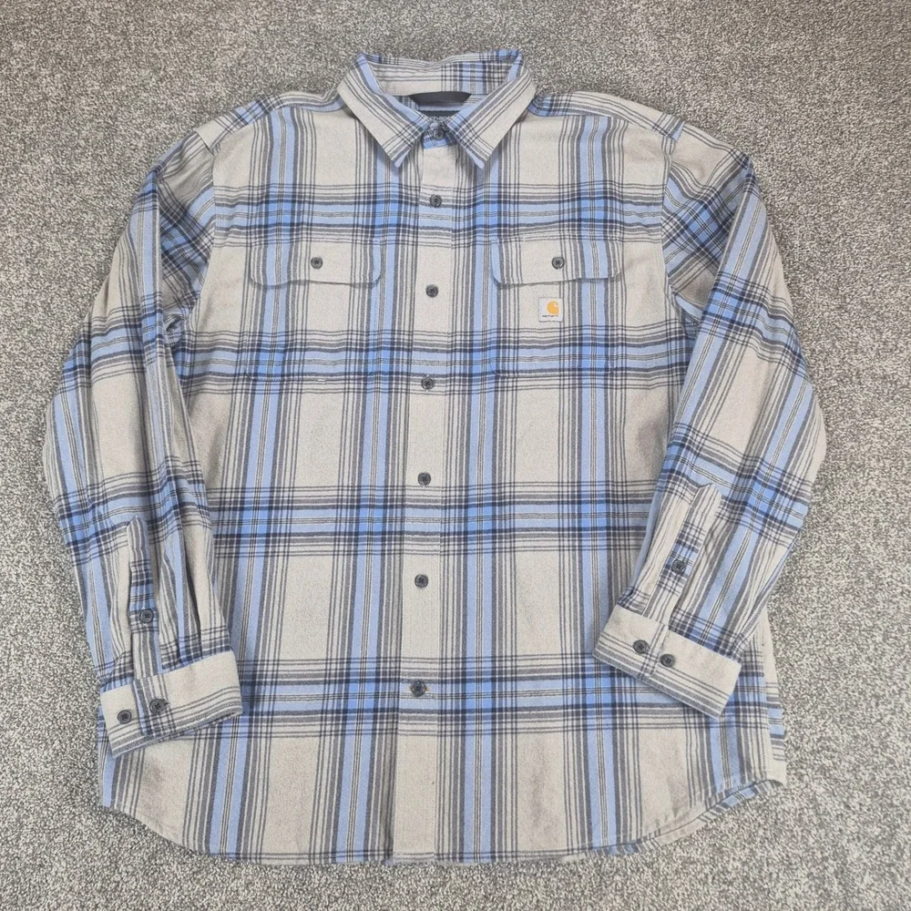 Carhartt Heavyweight Flannel Shirt Mens XL Gray Blue Plaid Loose‎ Fit Cotton